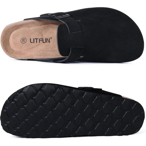 Women's Black Genuine Suede Clogs Soft Footbed Leather Comfort Slip On Shoes - Picture 6 of 6